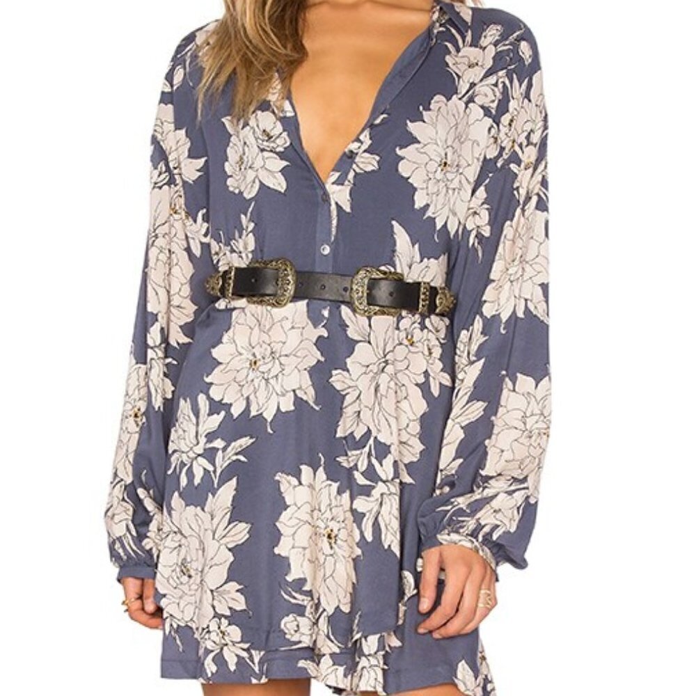 FREE PEOPLE shake it dress size S marine combo blue long sleeve pockets floral